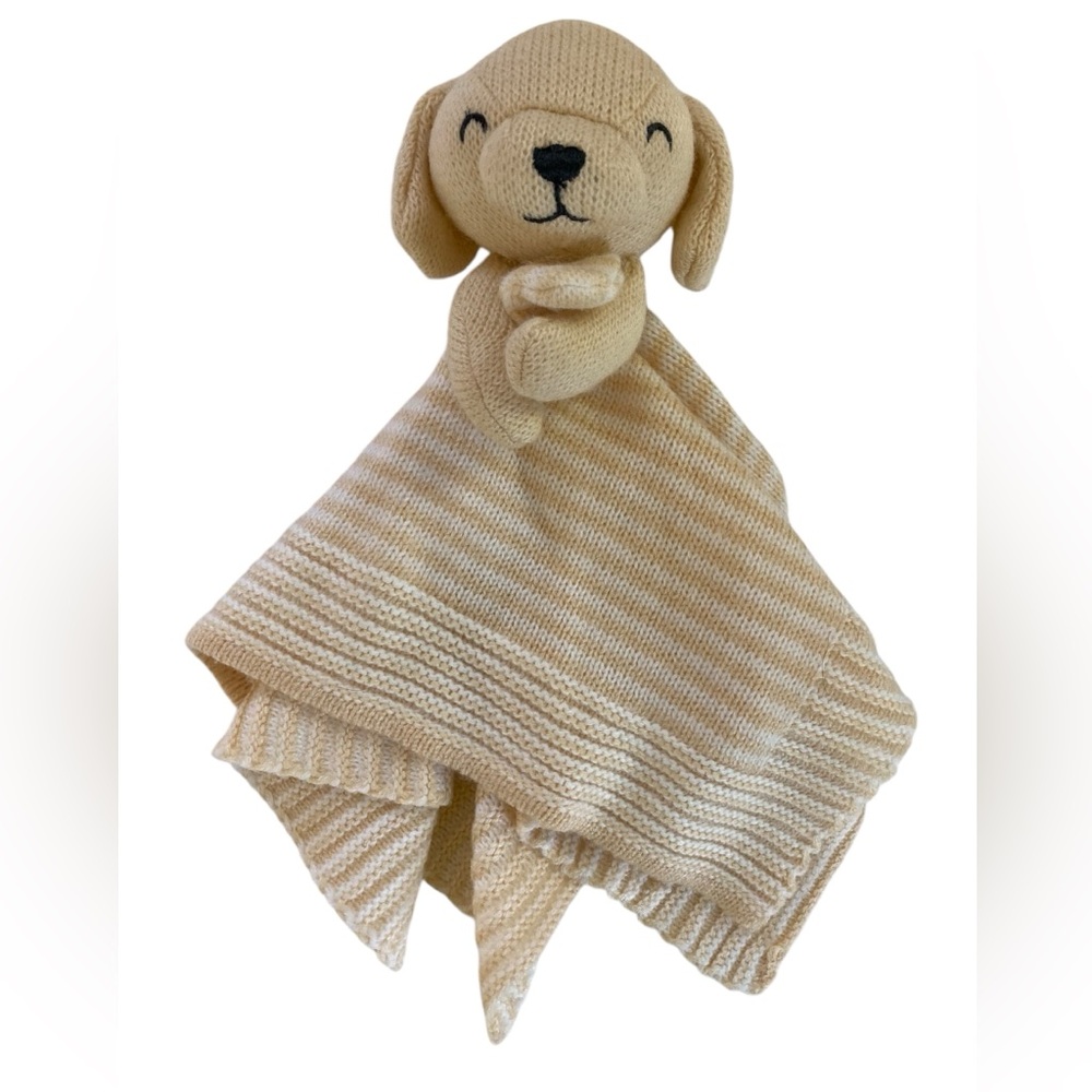 Carter’s Knit Puppy Dog 14” Lovey Blanket Yellow Beige White Stripes 2021 Knit